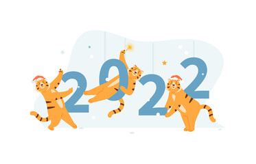 Happy celebrating tigers are a symbol of the 2022 New year. The Chinese zodiac. Vector web banner, template