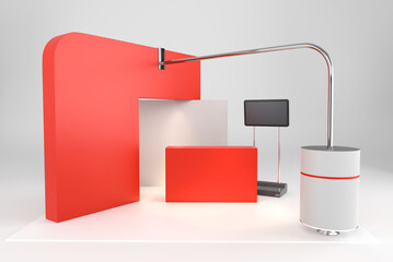 Red Exhibition Booth, Advertising POS POI Promotion Counter, Retail Trade Stand, 3D Render