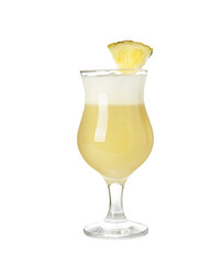 Tasty Pina Colada cocktail on white background