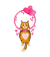 Funny ginger cat hanging on a round frame with hearts isolated on a white background. A Valentine's Day card. Cute kitten in love. Digital art 