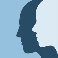 Silhouettes profile of a man and a woman. Man and woman look one way.