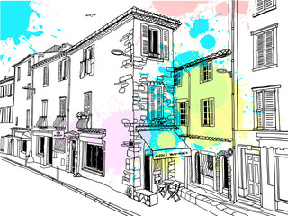 Old street of romantic Antibes, Provence, France. Nice European city. Urban landscape in hand drawn sketch style. Line art. Wall decor. Vector illustration on blobs background.
