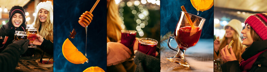 Set of photos with women at winter fair, hands winter mittens with hot cup of hot mulled wine. Holidays, traditions, winter fair, Christmas concept