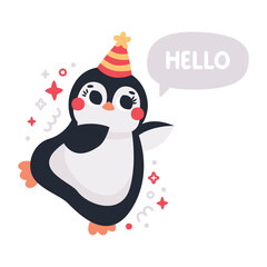 Cute vector birthday party cards with funny Penguins in birthday cap and confetti. Celebratory holiday party card