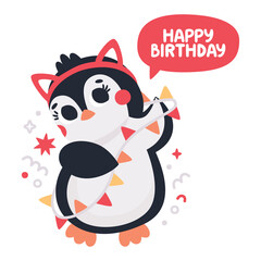 Cute vector birthday party cards with funny Penguins with cat ears, garland confetti. Celebratory holiday party card