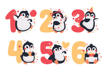 Cute vector birthday party clipart set with funny Penguins, garland, balloons, stars, birthday caps, numbers. Birthday party illustrations