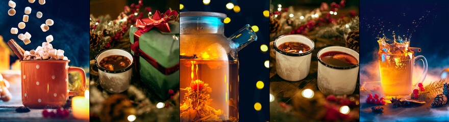 Preset, desing for greeting poster. Cups of winter mulled wine with spices and orange slices on wooden table with Christmas decoratios.