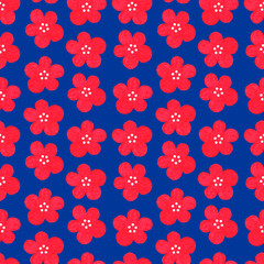 Fototapeta na wymiar Seamless pattern of red flowers. Watercolor vintage illustration. Isolated on a blue background.