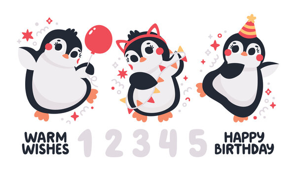 Cute vector birthday party clipart set with funny Penguins, garland, balloons, stars, birthday caps, numbers. Birthday party illustrations
