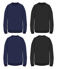 Slim fit Round neck Long sleeve Sweatshirt technical fashion Flats Sketches drawing vector template For men's. Apparel design black, Navy Color mock up CAD illustration. 