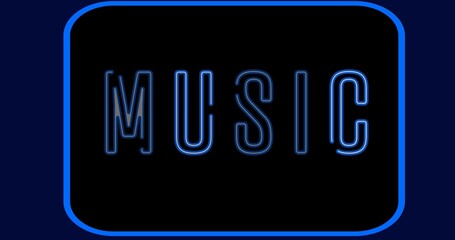 Digital composite image of illuminated neon music text in blue on black background