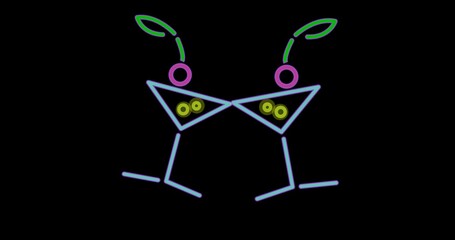 Digital composite image of illuminated neon martini glasses on black background