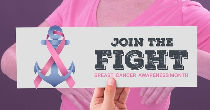Composition of woman with pink ribbon on anchor and breast cancer awareness slogan