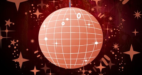 Digital composite image of disco ball hanging amidst stars against abstract black background