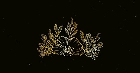 Digital composite image of leaves and flower pattern over black background with copy space
