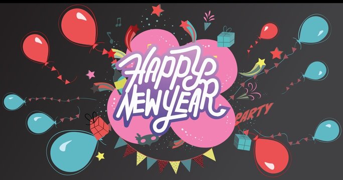 Digital composite image of happy new year text over colorful balloons with confetti and bunting