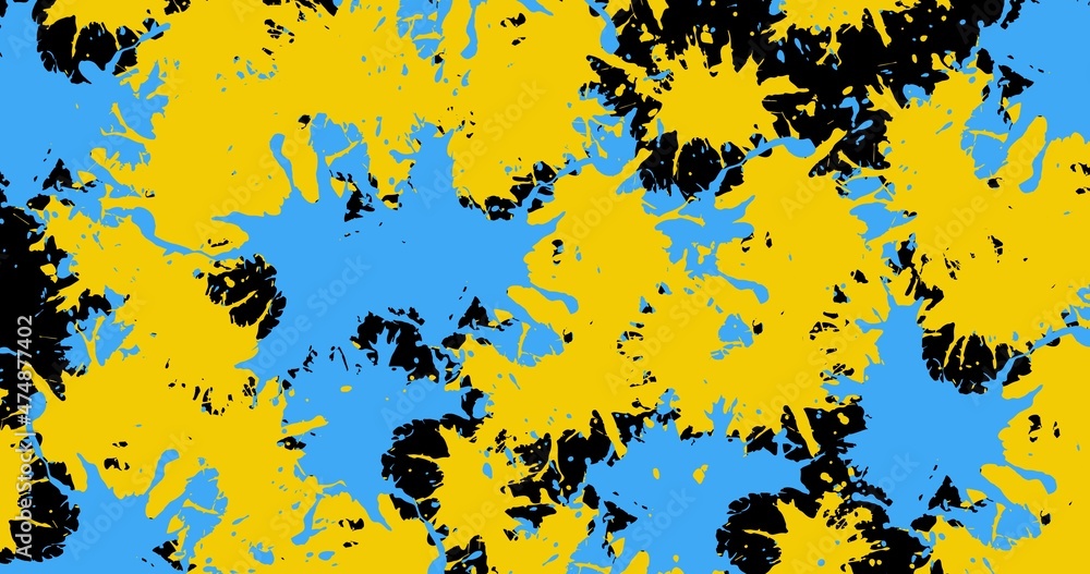 Poster digital composite image of blue and yellow abstract pattern on black background