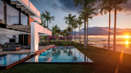 3d rendering of modern cozy house with pool and parking for sale or rent in luxurious style by the sea or ocean. Sunset evening by the azure coast with palm trees and flowers in tropical island - obrazy, fototapety, plakaty