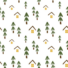 Winter forest with snow-covered houses. Seamless pattern with Christmas trees on a white background. Vector illustration. Doodle style background pattern.