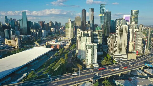 Aerial hyperlapse video of Melbourne city and highway traffic in daytime