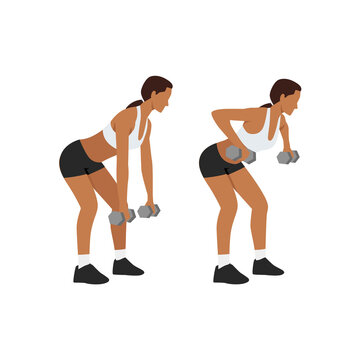 Woman doing Dumbbell row exercise. Flat vector illustration isolated on white background