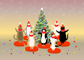 クリスマスツリーのまわりでクリスマスパーティーを楽しむ7匹の猫