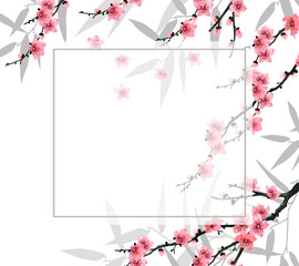 Flower banner with cherry blossoms for greeting cards, invitation cards. Happy Spring. Watercolor