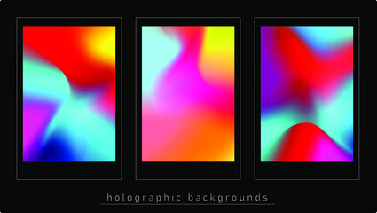 Vector set of 3 vaporwave colorful hologram dreamy background. Rainbow iridescent gradient. Minimalist psychedelic fluid wallpaper. Neon opalescent tech and music banner design.