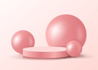 pastel pink round cylindrical stand for cosmetic show or beauty products and others and a round ball was placed next to it,vector 3d for advertising design