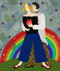 Young women embraces. One of them presents gift to another. Happy Valentine's Day! Love concept.