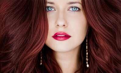 Hairstyle model and beauty face closeup. Beautiful woman with long straight dark red hair styled in...