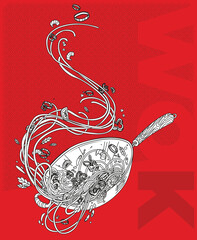 Wok with noodles, shrimp, octopus, pepper, herbs and onions