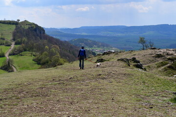 Man and his Lagotto Romagnolo dog hiking in Franconia 