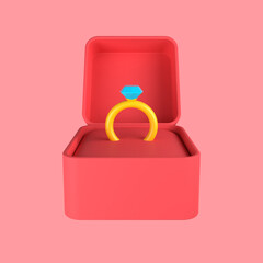 3d cartoon ring in box isolated on pink background, diamond ring in the red jewelry box. 3d rendering illustration