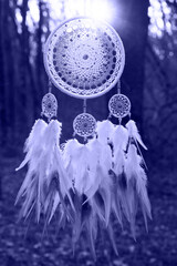 Handmade dream catcher with feathers threads and beads rope in very peri trendy color of the year 2022.