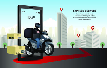 Deliver the parcel by motorcycle. Express delivery service by mobile app. fast way to ship an item. Illustration decorated with, box, building, tree, sky. motorbike driver through smartphone.  