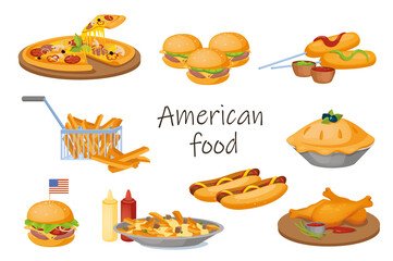 American food elements isolated set. Bundle of pizza, hamburger, cheeseburger, hot dogs with sauces, pie, fries, chicken legs, ketchup, mustard. Fast food. Vector illustration in flat cartoon design