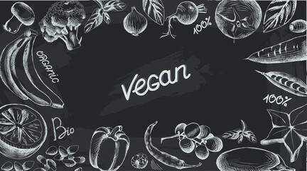 vegan banner painted on blackboard with white chalk. line art of fruits and vegetables, vegan food. Lettering vegan. Set of vegan illustrations for menu