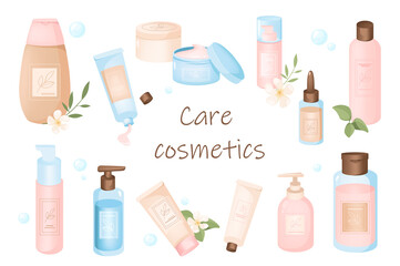 Fototapeta na wymiar Care cosmetics elements isolated set. Bundle of bottles, jars and tubes with creams, lotions, soap, shampoo, scrub and other products for face and body skin. Vector illustration in flat cartoon design