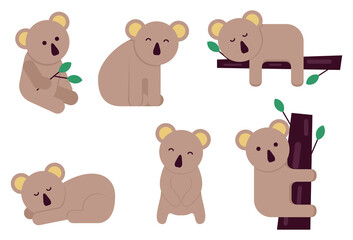 Set of lazy koala, character cartoon wildlife, vector illustration