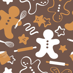 Cute gingerbread vector seamless pattern. Baking elements: flour, rolling pin, whisk, biscuits.