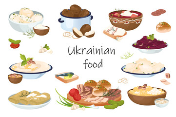 Ukrainian food elements isolated set. Bundle of traditional meals - borscht, dumplings, cabbage rolls, garlic donuts, bacon, corn porridge, vegetable dishes. Vector illustration in flat cartoon design