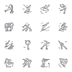 Snowboard, skiing, figure skating, biathlon, and other competition symbols isolated on transparent background.