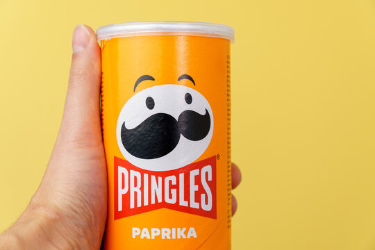 Tyumen, Russia-December 08, 2021: Pringles is a brand of potato chips owned by Kellogg.