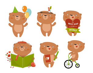 Print. Set of cute bears. The bear has a birthday, the bear is on a bike, the bear is reading. Vector collection of cartoon bears. A set of stickers with cute bears.