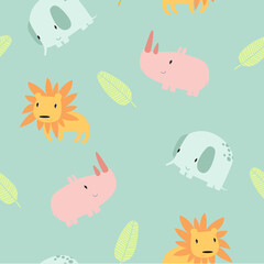 Print. Cute safari animals seamless pattern. Pattern for children. Cartoon elephant, lion, rhino. Can be printed on fabric.