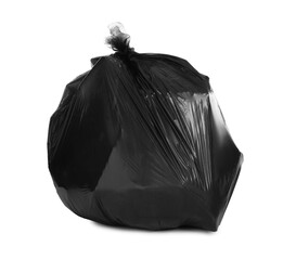 Black trash bag filled with garbage isolated on white