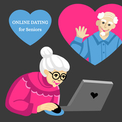 Online dating for seniors. Grandpa calls grandma through a laptop. Elderly people congratulate each other on Valentine's Day