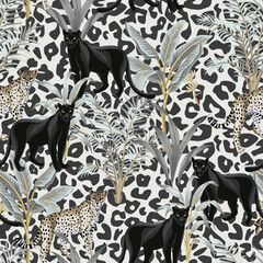Tropical plants, leopard, panther animal seamless pattern. Exotic jungle wallpaper.