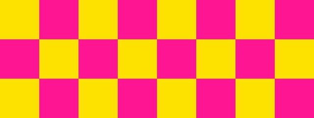 Checkerboard banner. Deep pink and Yellow colors of checkerboard. Big squares, big cells. Chessboard, checkerboard texture. Squares pattern. Background.